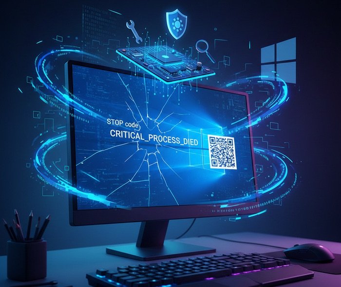Infografía técnica que muestra cómo solucionar el pantallazo azul en Windows con códigos de error y herramientas de reparación.