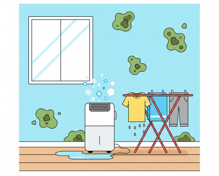 Ilustración de un deshumidificador eliminando humedad en una habitación con moho y ropa tendida