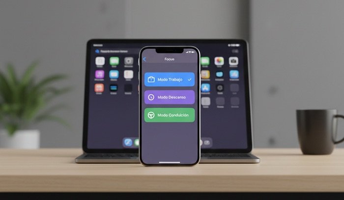 iPhone y iPad en una mesa de oficina mostrando el menú de Modos de Concentración con las opciones Modo Trabajo, Modo Descanso y Modo Conducción.