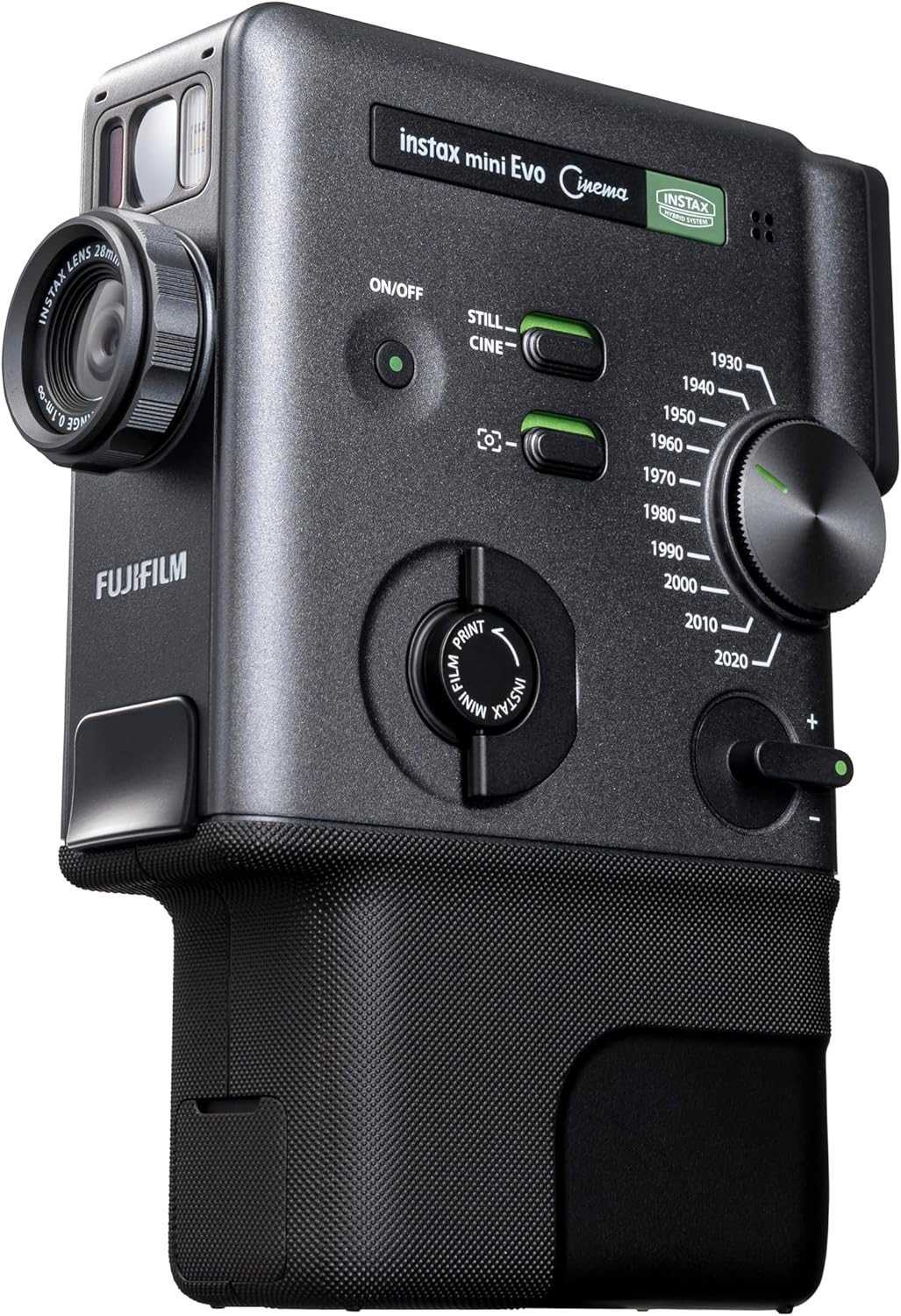 Primer plano de la cámara híbrida Fujifilm Instax Mini Evo edición Cinema mostrando los diales de efectos y el botón de impresión.