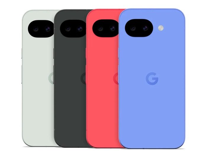 Gama de colores del Google Pixel 10a: verde, negro, coral y azul con el nuevo diseño de cámara