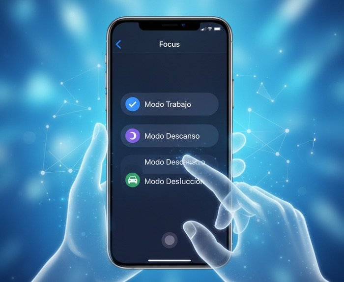Ilustración de manos etéreas interactuando con un iPhone que muestra los menús de Modo Trabajo y Modo Descanso sobre un fondo azul tecnológico difuminado.