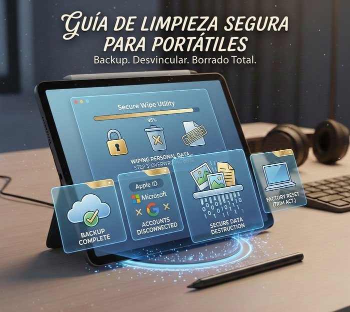 Infografía profesional que muestra el proceso de borrado seguro de un portátil para vender, incluyendo pasos de backup completo, desvincular cuentas de Apple y Microsoft y destrucción de datos