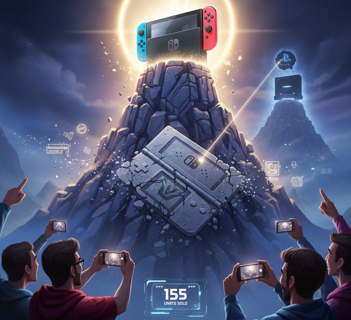 Ilustración épica de Nintendo Switch en la cima de una montaña superando a la Nintendo DS y acechando el récord de PS2.