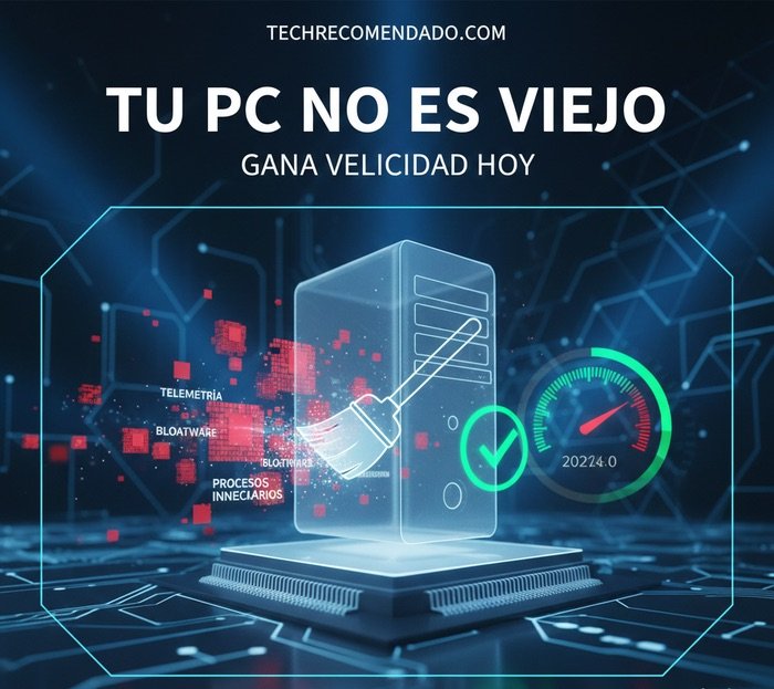Ilustración tecnológica de un PC siendo optimizado eliminando telemetría y bloatware para ganar velocidad en 2026.