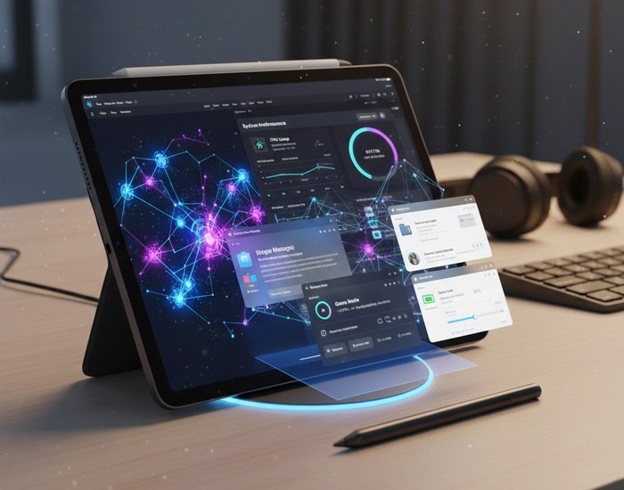 Infografía de rendimiento del iPad mini con chip A17 Pro ejecutando funciones de inteligencia artificial en iOS 26 sobre un escritorio profesional.