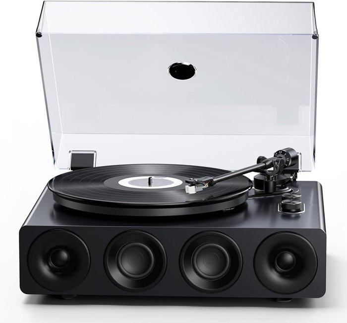 Tocadiscos de vinilo 1 BY ONE con acabado en laca de piano gris y cuatro altavoces frontales integrados.