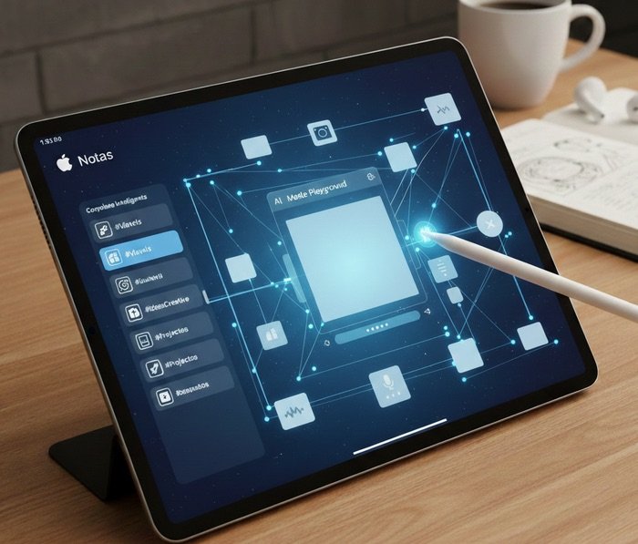 Interfaz de la aplicación Notas de Apple en un iPad con nodos de conexión inteligente y Apple Pencil sobre una mesa de madera.