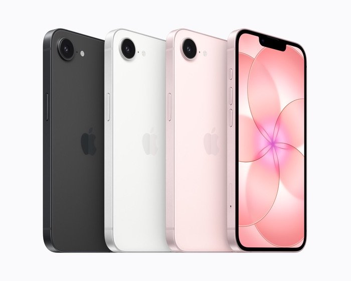 Gama completa de colores del iPhone 17e: Negro Espacial, Blanco Estelar y Rosa Suave con pantalla Super Retina XDR.