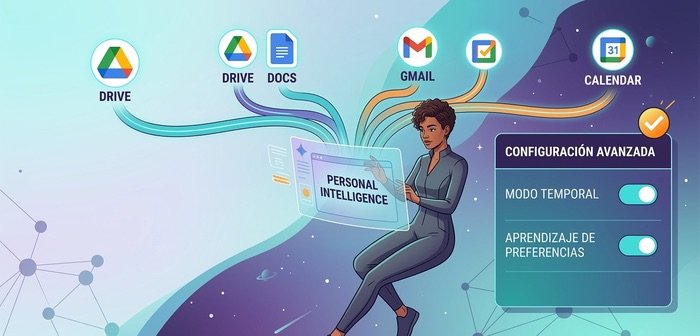 Infografía profesional que muestra la configuración de Personal Intelligence de Gemini conectada a Google Drive, Gmail y Calendar.