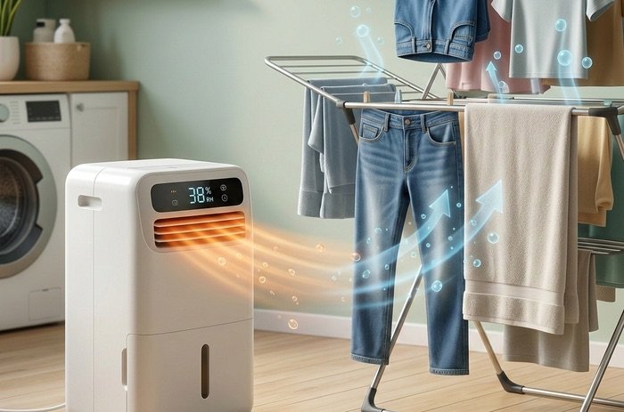 Infografía de un deshumidificador moderno activo, mostrando el flujo de aire seco y cálido dirigido hacia la base de un tendedero cargado de ropa húmeda, reduciendo la humedad.