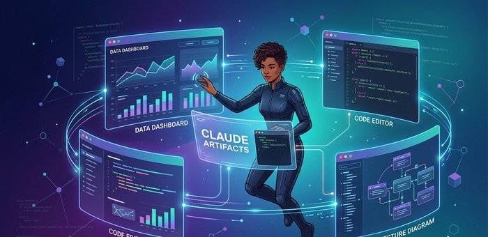 Ilustración profesional de una experta en tecnología interactuando con Artifacts de Claude: dashboards de datos, código y diagramas interactivos en tiempo real.