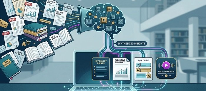 Infografía detallada sobre el funcionamiento de NotebookLM, mostrando la conversión de fuentes (PDF, audio, notas) en resúmenes estructurados mediante IA.