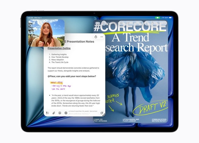 Interfaz de iPadOS en el nuevo iPad Air M4 mostrando videollamada en posición horizontal y multitarea con Notas y Freeform.