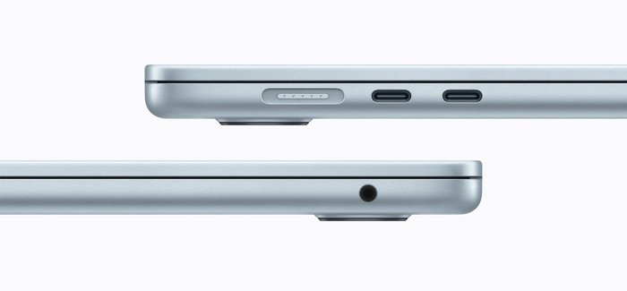 Detalle lateral del MacBook Air M5 en color Azul Cielo mostrando puerto MagSafe, dos puertos USB-C Thunderbolt y toma de auriculares.