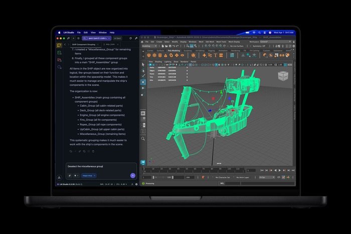 Nuevo MacBook Pro con chip M5 Max ejecutando simultáneamente Autodesk Maya para modelado 3D y LM Studio para desarrollo de IA local.