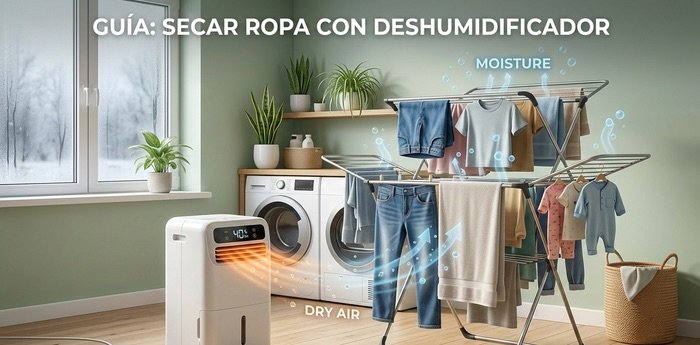 Ilustración profesional de un deshumidificador moderno activo en un lavadero, extrayendo humedad de un tendedero de ropa cargado, con aire seco y cálido.