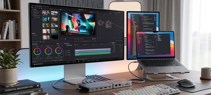 Estación de trabajo profesional con MacBook Neo conectado a una docking station multimonitor para edición de vídeo.
