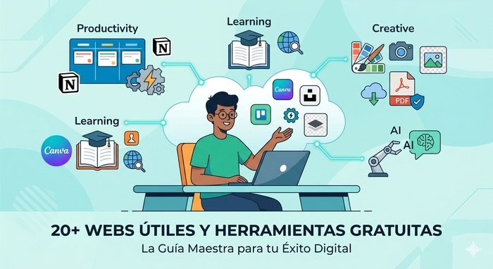 Infografía plana que muestra una selección de webs útiles y herramientas digitales de productividad, aprendizaje y diseño.